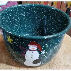 Enamelware Dark Green Speckled Pail Metal Handle Hand Painted Snowman 4x7 Vtg